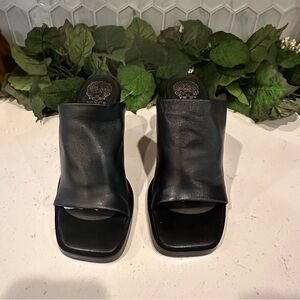 Vince Camuto Black Leather Open-Toe Wedge Mules 6.5M
